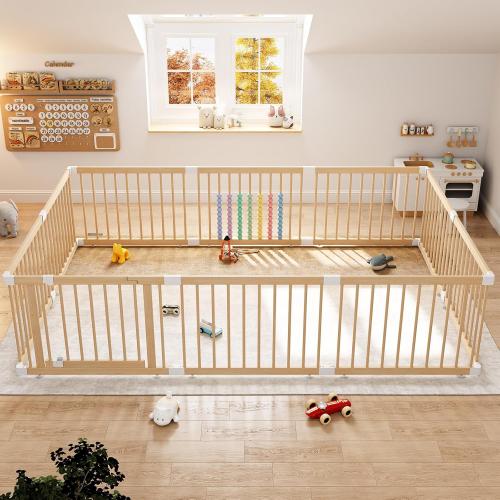 IKALIFE Extra Large Wooden Baby Playpen - Size Adjustable Fence for Babies and Toddlers, Baby Play Yard with Locking Gate, Indoor Play Pen for Kids Activity Center 10 Panels 94.5”×63.5”