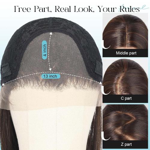 13x4 Glueless Body Wave Lace Front Wig Natural Hairline Pre-Cut Heat Resistant Synthetic Hair for Women Natural-Looking Hairline 30 Inch Dark Brown Highlight(#FS4/30)