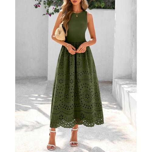 Size L...dowerme Women Summer Dresses 2026 Casual Sleeveless Crewneck A-Line Boho Lace Eyelet Cotton Tank Maxi Dress with Pockets