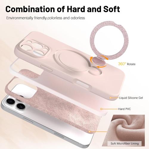 Upgraded 360° Spin for iPhone 13 Silicone case with Invisible Stand, Soft Anti-Scratch Microfiber Lining Inside Phone Cover with Kickstand Rotatable for Women and Men, Light Pink