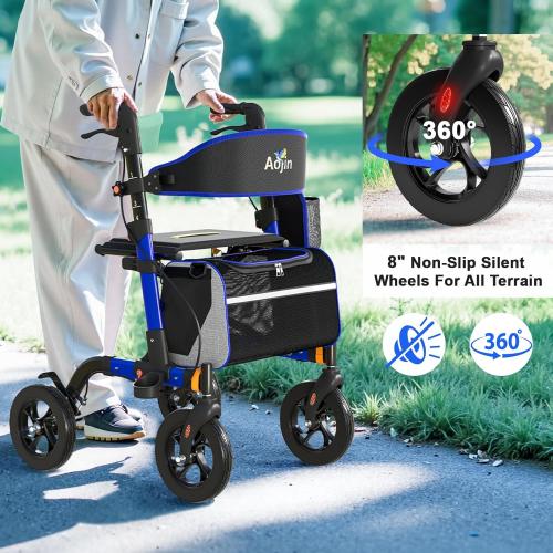 Walkers for Seniors, Rollator Walker with Seat, 350 lb Weight Capacity, 18 Big Seat, 8 All-Terrain Wheels, 6-Level Adjustable Height, Lightweight Aluminum Frame Rollator Walkers for Seniors (Blue)