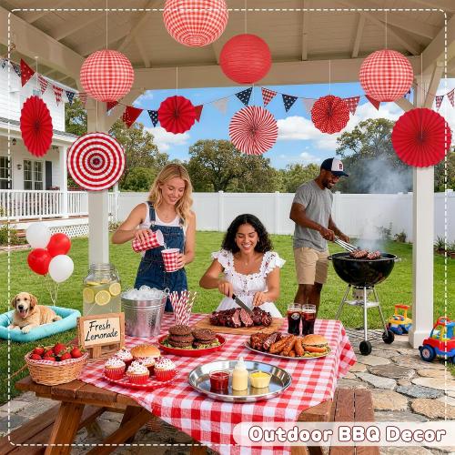 15 Pcs Red Gingham Party Decorations, 12 Inch Hanging Paper Lanterns and Fans for Picnic, BBQ, Pizza Party, Crawfish Boil, Birthday, Baby Shower, Graduation