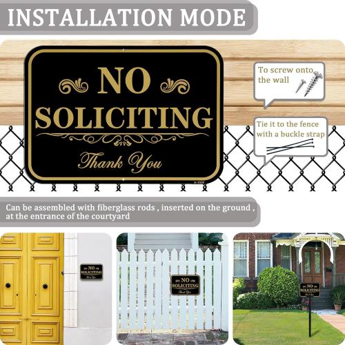 Large No Soliciting Sign with Stake,14 x 10 Inch 40-mil Thick Aluminum,37 Inch Long Adjustable Height,Outdoor Metal No Soliciting Yard Sign for House/Front Door and Business
