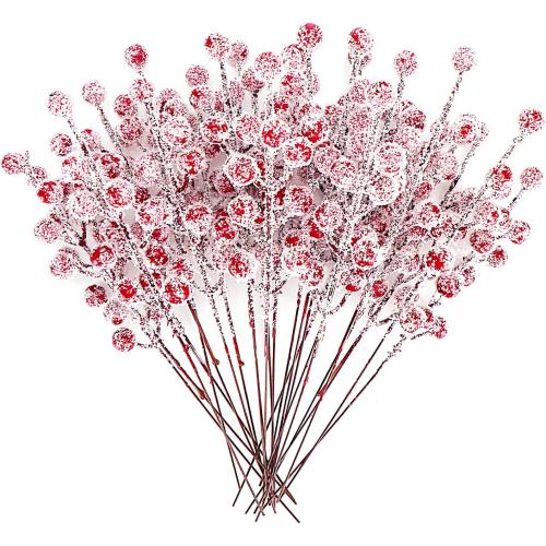 24Pcs Artificial Berry Picks Snow Sprays Christmas Frosted Holly Berry Stems Twigs Winter Branches for Christmas Tree Fillers Decor Holiday Arrangement Wreaths Garland Crafts DIY Ornaments (Red)
