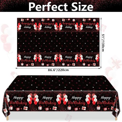 2 Pack Black Red Happy Birthday Tablecloths, 51x87'' Plastic Disposable Rectangle Birthday Party Table Covers for Women Girls Birthday Party Decorations Supplies