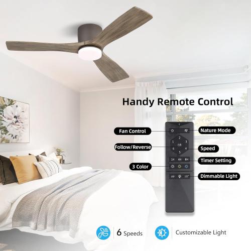 WINGBO 48 Inch Flush Mount DC Ceiling Fan, 3CCT Dimmable Light, 3 Carved Wood Blades, 6-Speed Noiseless Reversible DC Motor, Hugger Low Profile Fan, Graphite Finish with Gray Blades, ETL Listed