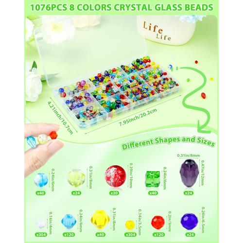 1076PCS FIVEIZERO Crystal Glass Beads for Jewelry Making, Assorted Rainbow Crackle, Faceted, Bicone and Teardrop Beads for Bracelets, Suncatchers and DIY Crafts