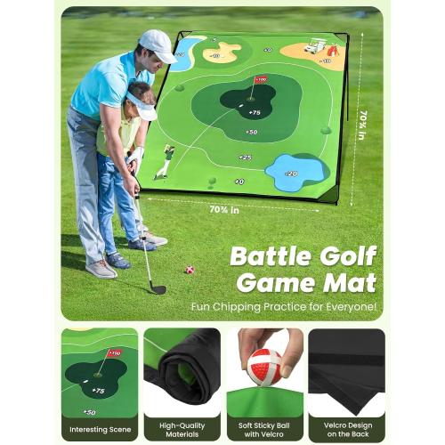 Golf Chipping Game with 6 x 6 FT Large Target Mat Training Set | 2 Adjustable Clubs, Sticky Balls, Scoreboard for Adults & Beginners, Backyard Fun, Indoor Outdoor Play, Party Activities