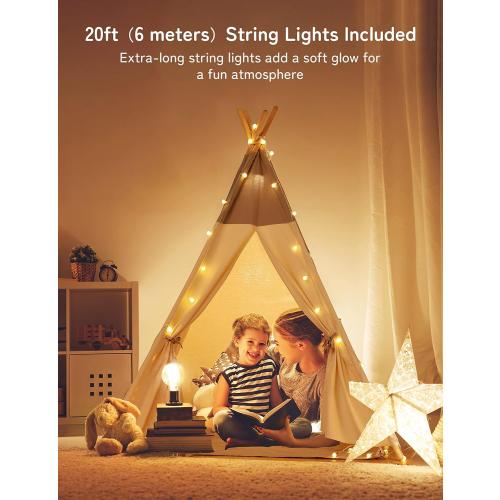 besrey Teepee Tent for Kids, Cotton Canvas Play Tent with Lights & Mat, Sturdy Toddler Tipi Tent Playhouse for Boys Girls, Foldable Indoor Outdoor Camping Reading Hideaway