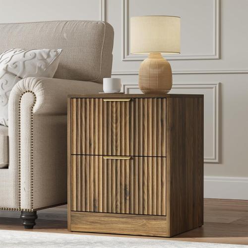 Set of 2 Walnut Nightstand with 2 Storage Drawers, Modern Fluted Night Stand Bedside Table, Bed Side End Table with Golden Handles for Bedroom, Walnut