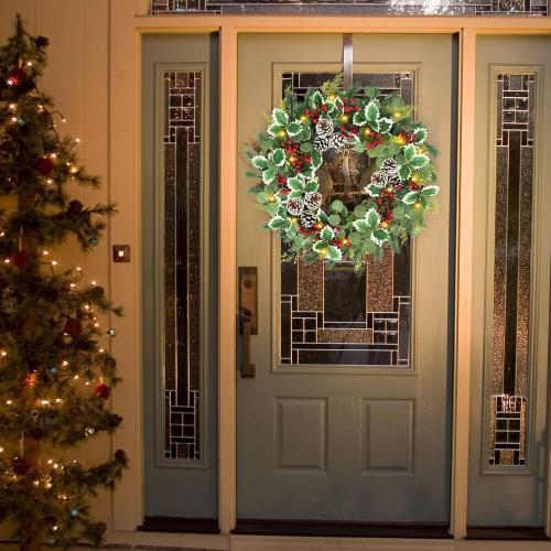 22 Inch Pre-lit Christmas Wreath for Front Door, Artificial Outdoor Christmas Wreath with 50 LED Lights, Real Pine Cones Red Berries Winter Xmas Wreaths for Indoor Porch Party Decorations