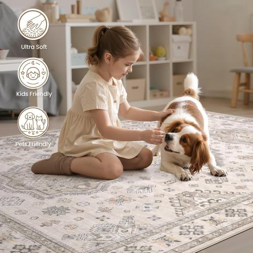 Washable Area Rugs for Living Room -9x12 Neutral Vintage Distressed Floral Farmhouse Boho Large Soft Floor Rug Indoor Non Slip Carpet for Living Room Bedroom Dining Room Office -Beige Brown