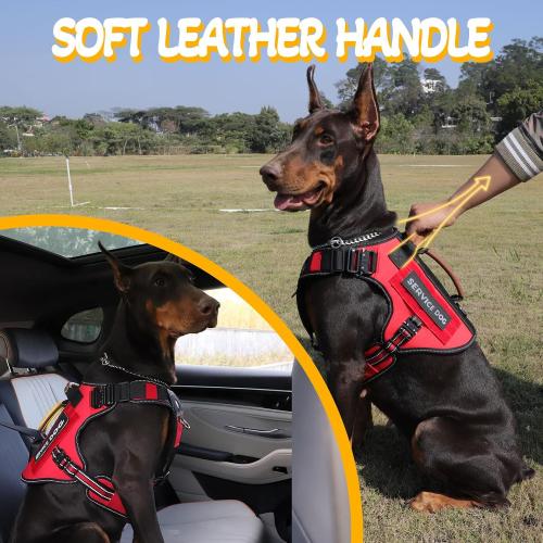Size M Service Dog Vest - HEYCAHVA Tactical Dog Harness Full Metal Buckles for Large Medium Dog Reflective No Pull Dogs Harnesses Vest with Leather Handle, Hook & Loop for Hiking Training (Red)