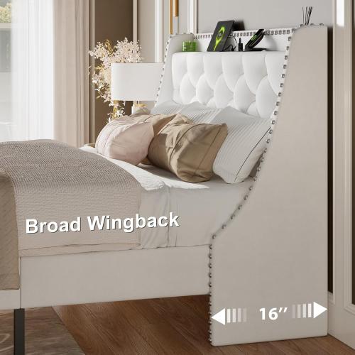 White Feonase Bed Frame with Velvet Luxury Wingback Upholstered Button Tufted Storage Headboard, Full Platform Bed with Charging Station, Sturdy Wooden Slats Support, Easy Assembly, White