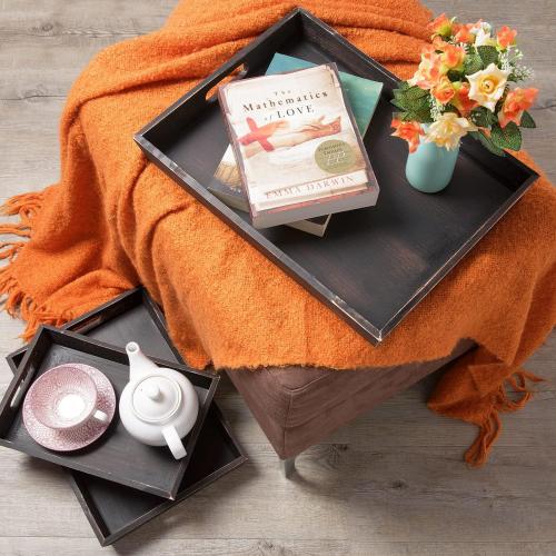 Wooden Serving Trays, Wooden Trays Set of 3 Dark Brown, Wooden Trays with Handles - Wood Serving Tray, Coffee Table Tray - Wooden Trays For Decor, Ottoman Trays - Farmhouse Trays, Wood Tray