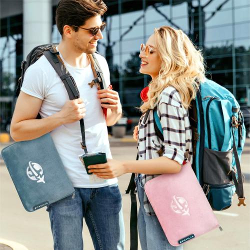 PAVILIA Travel Blanket and Pillow, Arms Opening Airplane Blankets for Adults, Compact Plane Blanket with Arm Hole 2-in-1 Bag for Flight Car Camping Fit in Luggage Backpack Traveler Gift, Blue