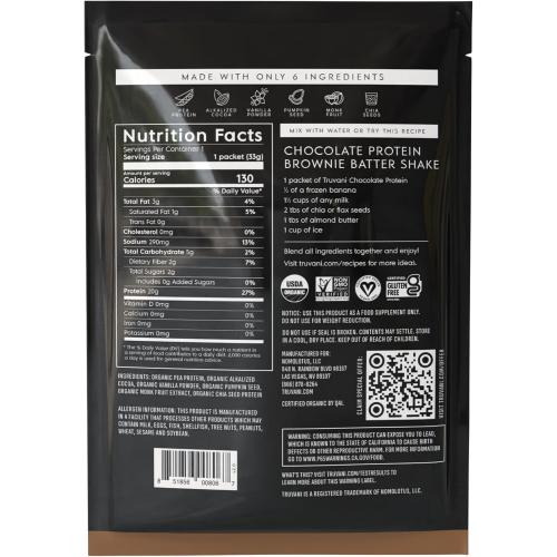 Truvani Vegan Pea Protein Powder | Chocolate | 20g Organic Plant Based Protein | 1 Serving | Keto | Gluten & Dairy Free | Low Carb | No Added Sugar