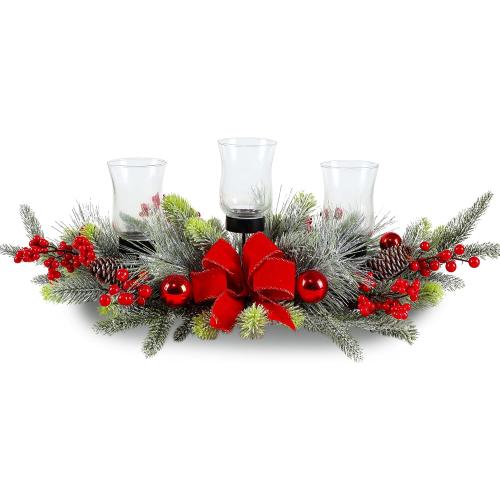 Red Christmas Table Centerpiece,Christmas Decoration Cedar with 3 Candlestick Glass Cup, Red Berry, Balls for Holiday Party, Home, Fireplace