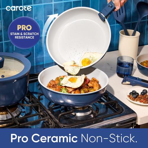 CAROTE 27pcs Ceramic Cookware Set Nonstick, Pots and Pans Set Non Stick, Non Toxic Cookware Detachable Handles, Dishwasher/Oven Safe, RV/Camping Cookware with Kitchen Utensils, Blue