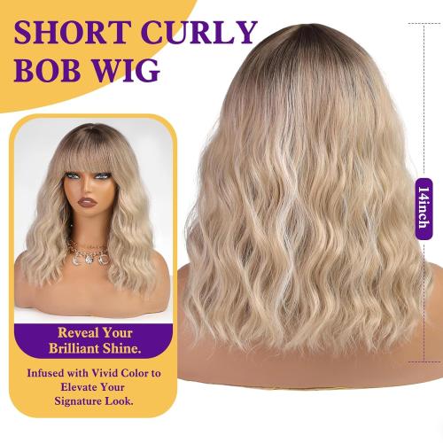 Curly Bob Wig with Bangs Short Wavy Ash Blonde Wigs for Women Lob Haircut Synthetic Heat Resistant Bob Wigs 14IN…