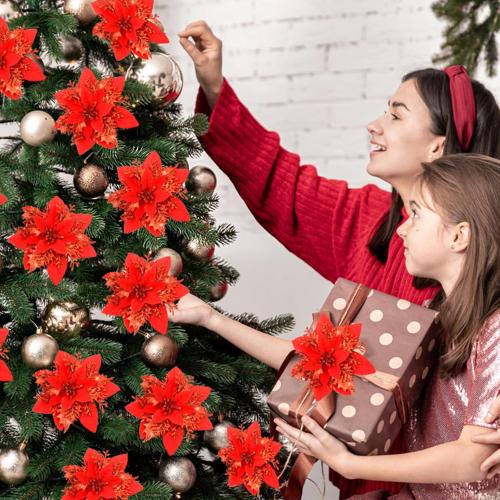 SPORTYOUTH 30 Pcs Red Poinsettia Artificial Christmas Flowers with Clips Stems, 5.5 Xmas Tree Decoration Ornaments Glitter Poinsettias Flower for Wreath Garland New Year Holiday Wedding Home Party