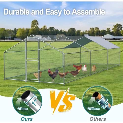 Silver 10ft x 20ft Large Chicken Coop, Chicken Coops for 30 Chickens, Chicken Runs for Yard with Water Poof & UV Resistance Cover, Spire Roof Chicken Coop Run with Double Lockable Doors for Outdoor Backyard