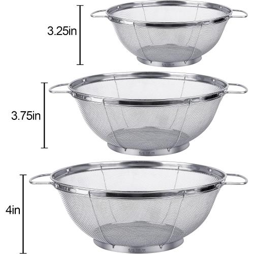 3 Pack 18/8 Stainless Steel Colander Sieves(5-Quart, 4-Quart and 3-Quart), Mesh Strainer Net Baskets with Handles & Resting Base for Strain, Drain, Rinse or Steam