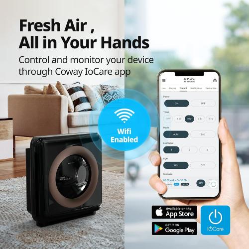 COWAY Air Purifier for Home Up to 1,575ft², App-Enabled Smart Technology, Compatible with Amazon Alexa, HEPA Filter for Smoke, Allergies, Odor, Auto Mode, Airmega AP-1512HHS Black