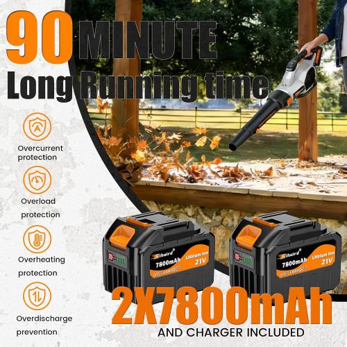 Sihuird Leaf Blower Cordless, 765CFM Electric Leaf Blowers with 2 x 7.8Ah Batteries and Charger, 3- Speed & Turbo Mode, Equipped with LED Lighting, 1 x Shoulder Strap, Blowers for Lawn Care - SL9501