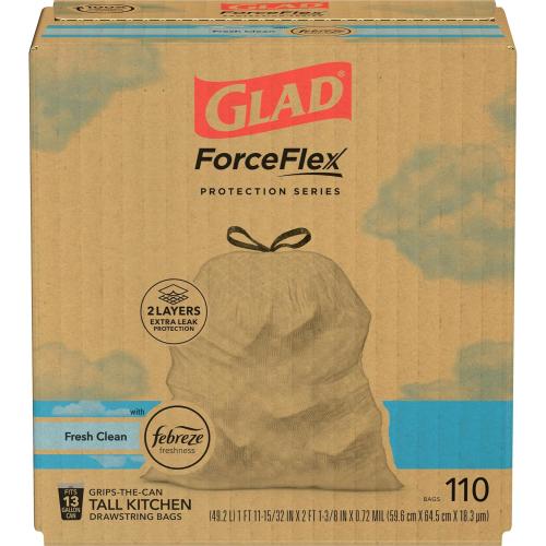 Glad ForceFlex Tall Kitchen Drawstring Trash Bags, 13 Gal, Fresh Clean, 110 Ct, Pack May Vary