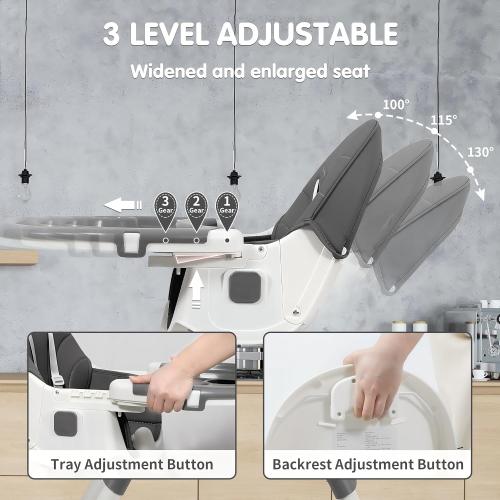 White & Grey Baby High Chair, 6 in 1 Convertible High Chairs for Babies and Toddlers with 5-Point Safety Harness,Foldable High Chair for Space-Saving, Adjustable Dining Tray,Backrest & Height,Easy to Clean Surface