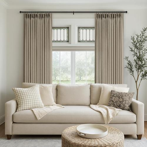 Taupe Pinch Pleated Linen Semi Sheer Curtains 96 Inches Long 2 Panels for Living Room Bedroom Rustic Country Thick Linen Textured Farmhouse Pinch Pleat Curtain Drapes with Hooks Rings 96 Inch Length