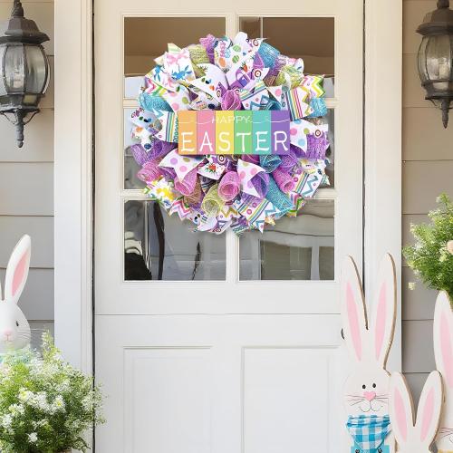 Waipfaru Easter Wreaths for Front Door, 18 Inch Handmade Mesh Bow Spring Wreaths with Wooden “Happy Easter” Sign, for Indoor Outdoor Home Farmhouse Table Mantel Window Wall Decor