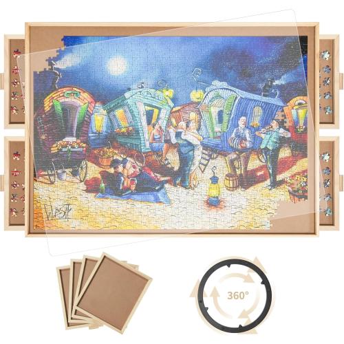 1500 Pieces Rotating Puzzle Board with 4 Drawers,34.25x25.2 Portable Wooden Jigsaw Puzzle Table with Lazy Susan Spinning Cover for Adults