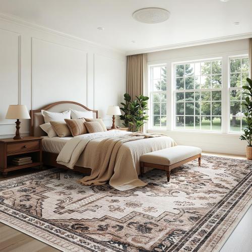 Joydeco 8x10 Area Rugs for Living Room, Non Slip Machine Washable Vintage Rug, Low Pile Chenille Print Rugs for Bedroom, Dining Room, Home Office, Pet & Child Friendly, Light Coffee