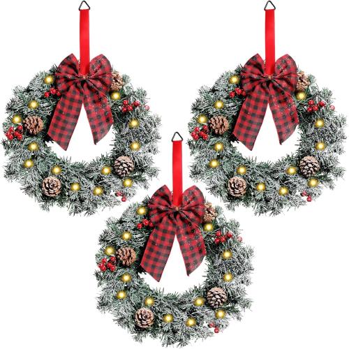 Geosar 3 Pcs Lighted Christmas Wreath, 13.8 Inch LED Christmas Wreaths with Buffalo Check Bow Pine Cone Berry, Small Lighted Xmas Window Wreaths for Front Door Wall Party Decor (Frosted)