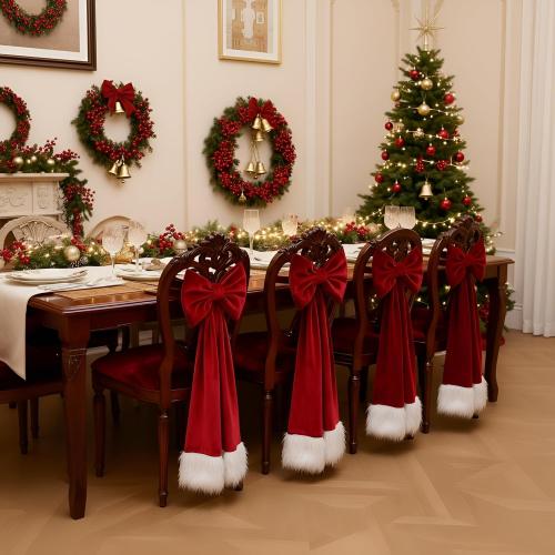Thyle 10 Pcs Christmas Burgundy Red Velvet Chair Sashes 6 x 108 Inch Large Red Bows Chair Cover with White Fluff Decoration for Xmas Wedding Event Holiday Banquet Party