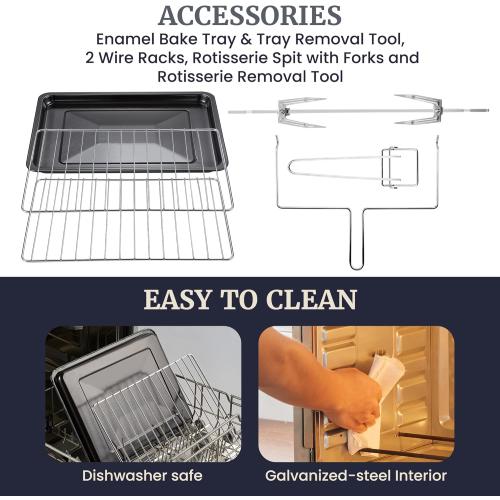 Elite Gourmet ETO-4510M French Door 47.5Qt, 18-Slice Convection Oven 4-Control Knobs, Bake Broil Toast Rotisserie Keep Warm, Includes 2 x 12 Pizza Racks, Stainless Steel