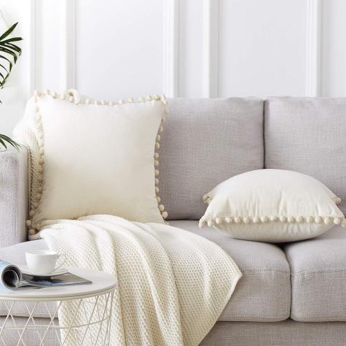 Topfinel Decorative Throw Pillow Covers 18x18 Set of 2, Cream White Couch Square Pillow Covers for Sofa Bed, Soft Velvet Cushion Covers with Pom Poms for Livingroom Bedroom Modern Home Decor
