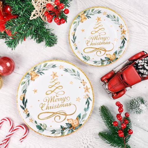 Homlouue 200 Pcs Christmas Paper Plates and Napkins, Christmas Tree Gold Plates and Napkins Disposable, Christmas Dinner Plates and Napkins Serve 50 Guest, Christmas Party Table Decorations