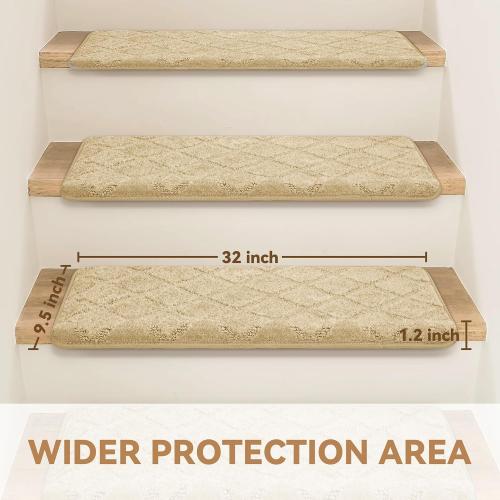14 Pack Beige 9.5x32 Bullnose Stair Treads Non-Slip 9.5 x 32, 14 Pcs Carpet for Wooden Steps Indoor With Edge Protection, Reusable Peel and Stick TPU Backing Runner Rugs - Diamond Pattern Beige