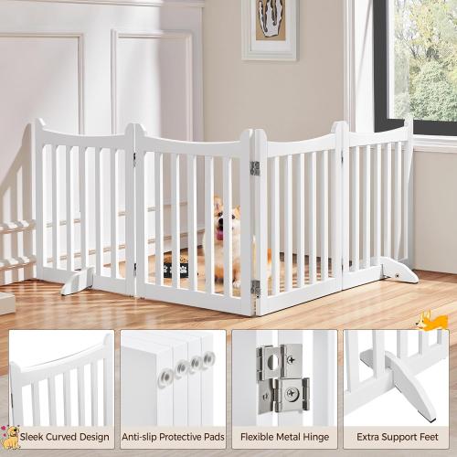 Yaheetech 24 H Freestanding Pet Gate for Dogs Wooden Dog Gates for Hallway, Doorway Collapsible Indoor Pet Fence with Support Feet Stair Barrier 4 Panels Fence White