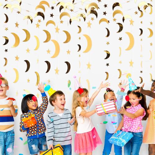 Glitter Star Moon Garland Banner Decor, 130 Feet Star Hanging Bunting Banner Gold Bright Moon Paper Garland Backdrop for Graduation Class Congrats Grad Eid Muburak Party Decoration(Gold)