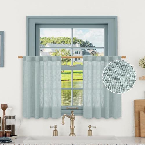 LAMIT Short Linen Window Curtains 30 Inches Long 3 Panels, Greyish Blue Semi Sheer Light Filtering Panels Back Tab and Rod Pocket Neutral Drapes for Basement/Small Windows, 34 x 30 Inch
