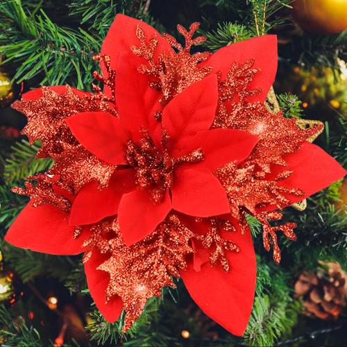 SPORTYOUTH 30 Pcs Red Poinsettia Artificial Christmas Flowers with Clips Stems, 5.5 Xmas Tree Decoration Ornaments Glitter Poinsettias Flower for Wreath Garland New Year Holiday Wedding Home Party