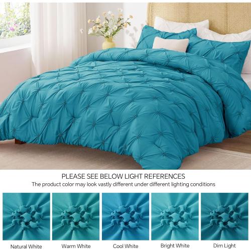 BEDELITE Teal King Size Comforter Set - 3 Pieces Boho Pintuck Bedding Comforter Sets, Lightweight Soft & Warm King Bedding Set with 2 Pillowcases for All Season