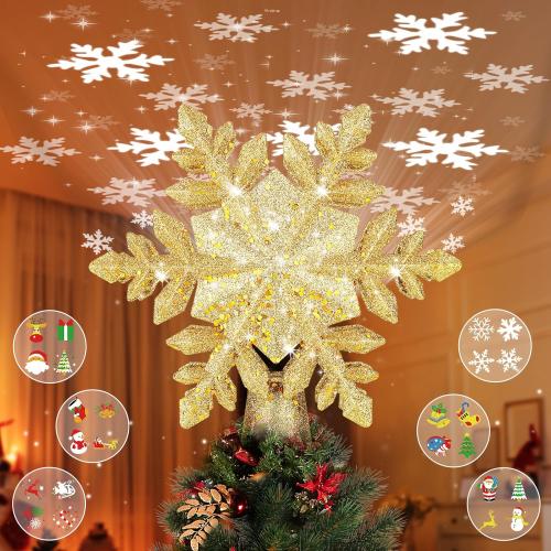 Christmas Tree Topper Lighted, 3D Glitter Snowflake Tree Topper Built-in LED Rotating Lights with 6 Projection Modes, Striking Christmas Tree Decoration (Gold)