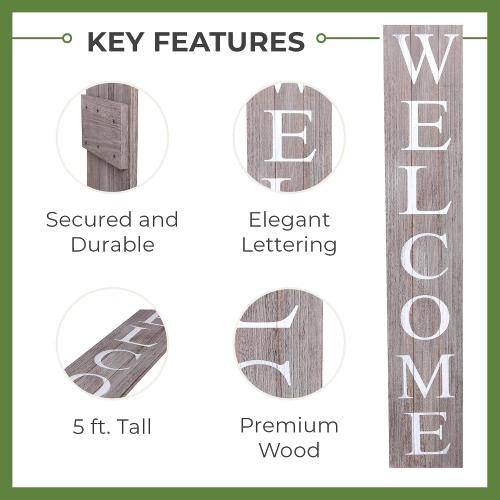 ALBEN Premium Extra Large Welcome Sign for Front Door Porch – 5 Feet Tall (58 x 11) Standing Vertical Wooden Sign, Indoor Home Decor Wall Decorations (Gray)