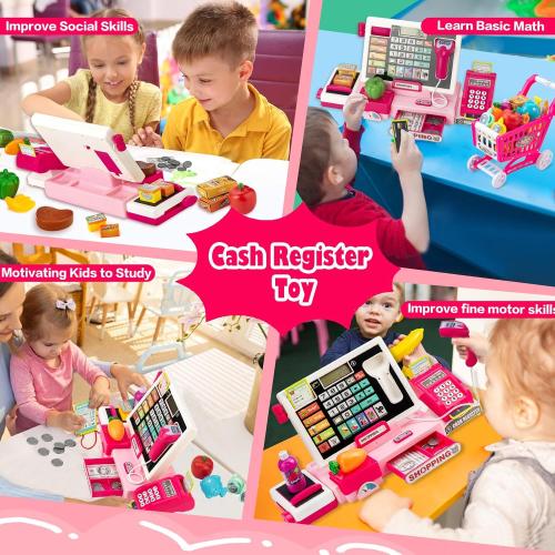 Kids Cash Register Toy with Shopping Cart Toddler Pretend Play Store Cashier Register for Kids with Music / Real Calculator / Scanner Learning Toys for Girls Birthday Gift for 3-8 Year Old Girl