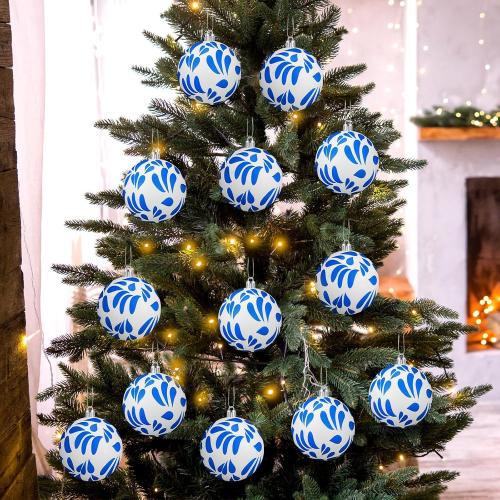 Poen 12 Pcs 3.15 Inch Mexican Christmas Ornaments Blue and White Talavera Ornaments Talavera Christmas Tree Decor Plastic Shatterproof Ball Cielito Lindo Decor Hanging Xmas Hispanic Party